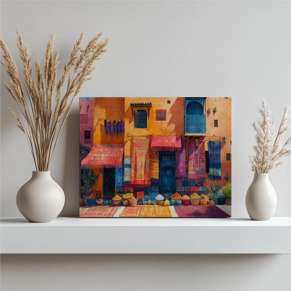 Morocco Canvas Wall Art Vibrant Marrakech Market Scene With Colorful Textiles Spices Boho Home Office Bedroom Decor Unique