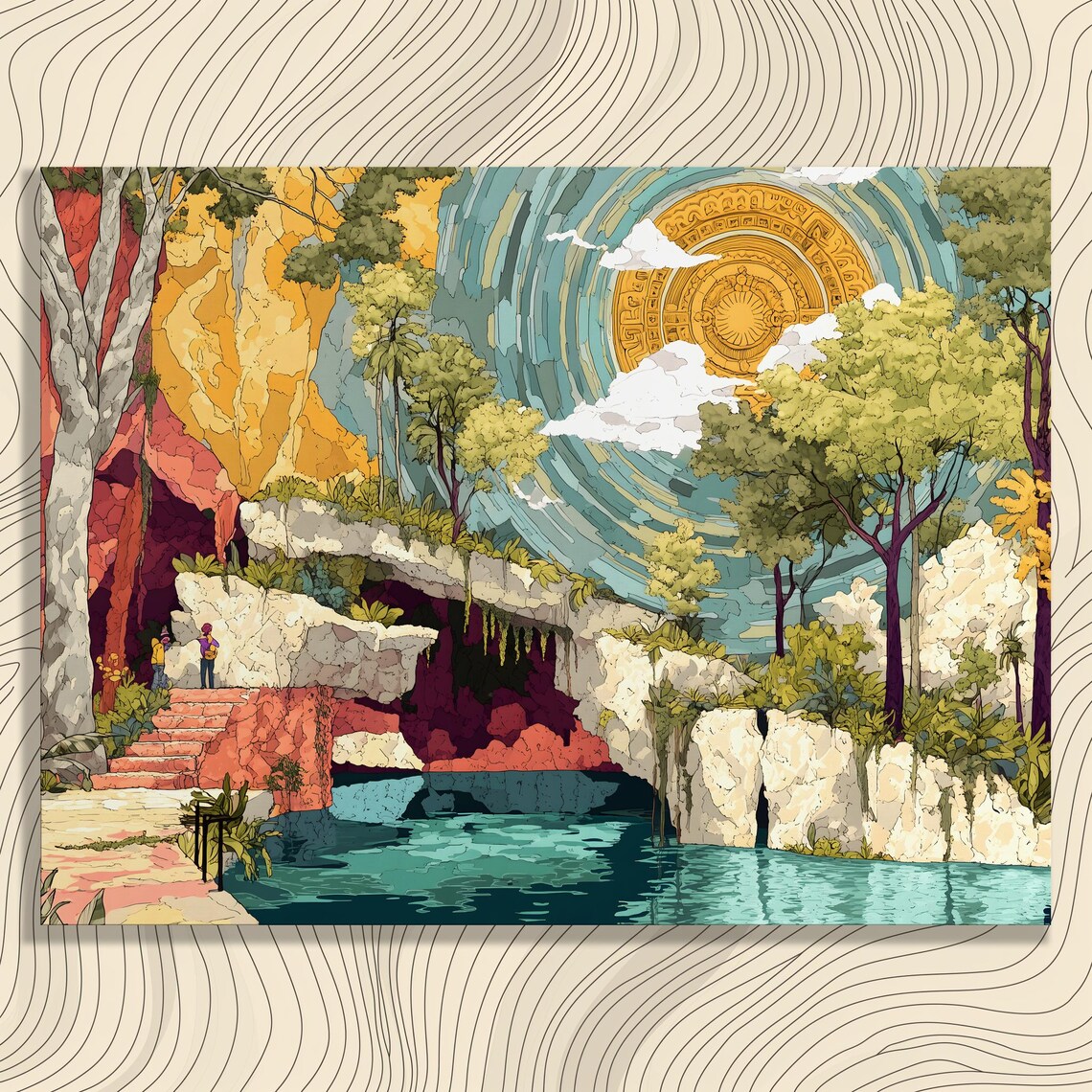 Surreal Vibrant Golden Sun Cenote Lake Tropical Jungle Cliffs Poster