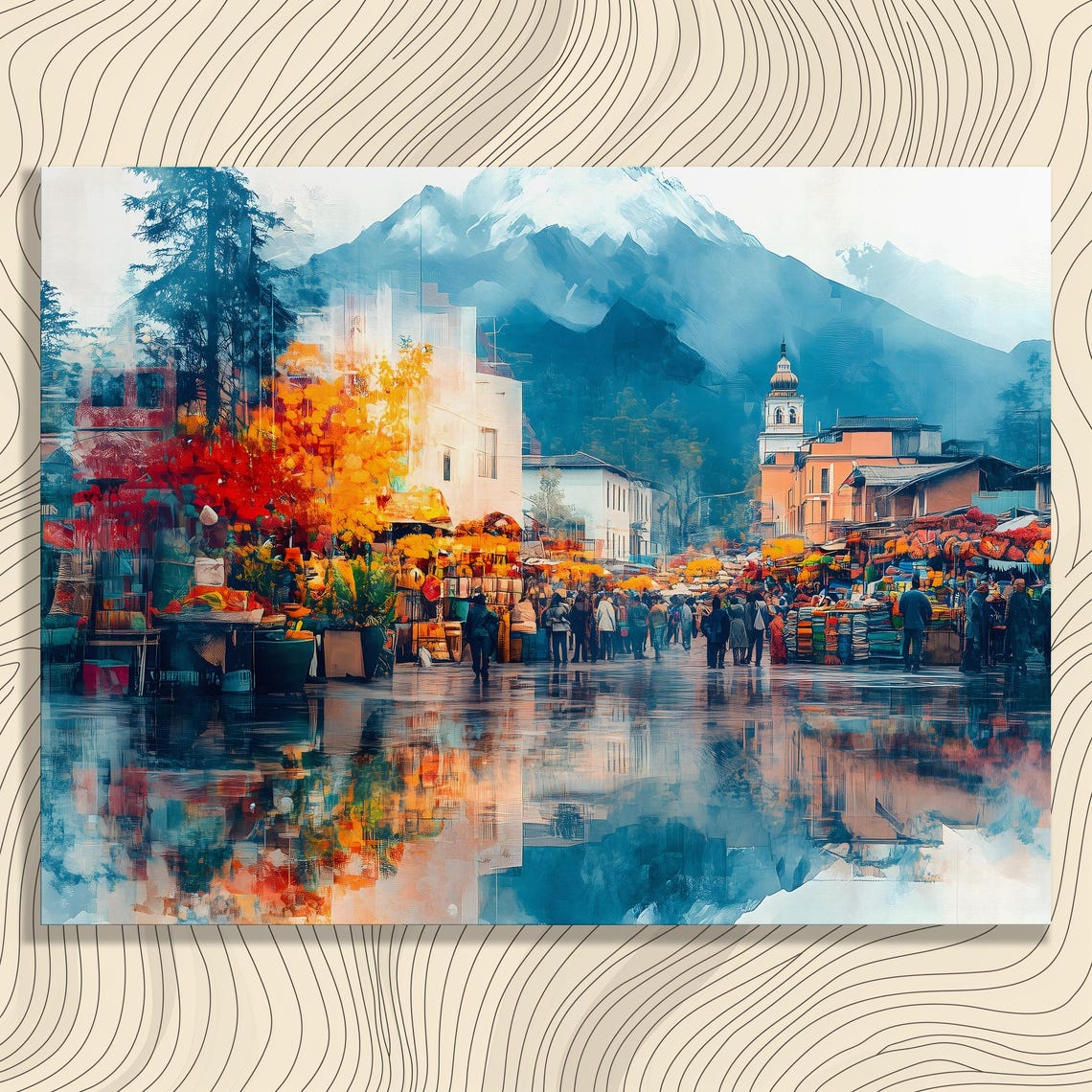 Vibrant Mountain Market Autumn Trees Reflection Impressionist Poster