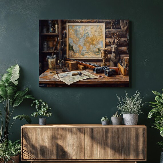 Hunting Lodge Still Life Canvas Wall Art Rustic Rifle And Binoculars With World Map Painting For Cabin Decor Gift Outdoorsman