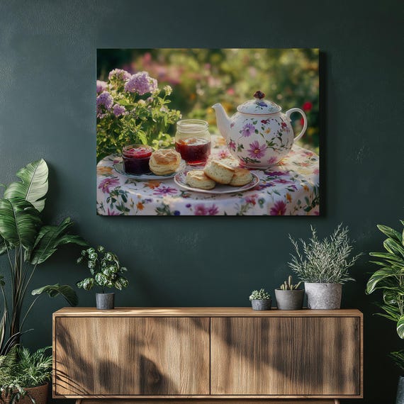 Afternoon Tea Canvas Wall Art A Beautiful Scones Print Featuring Bright Garden Table With Teapot Floral Tablecloth And Delicious