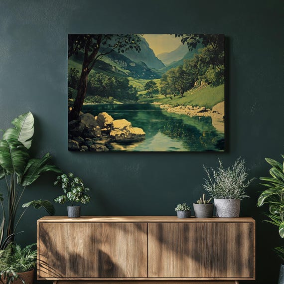 Serene Mountain Lake Canvas Wall Art Traditional Landscape Nature Print Rustic Decor Forest Painting Green Blue Water Reflection Gift