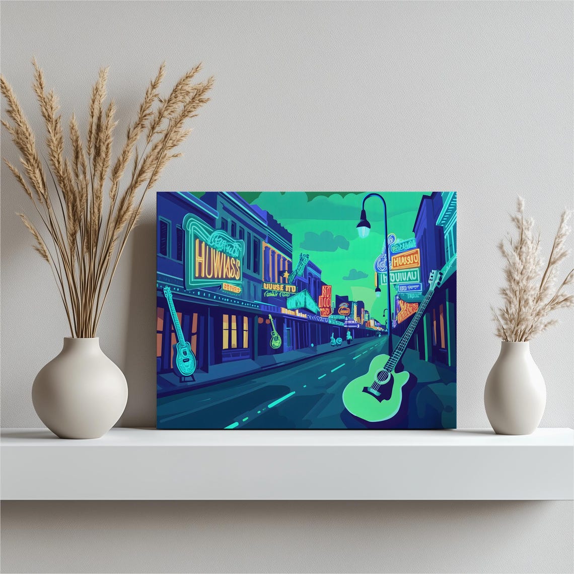 Neon Music Street Night Glowing Guitars Vibrant Cityscape Poster