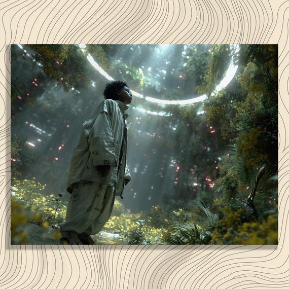 Futuristic Forest Glow Canvas Wall Art Surreal Modern Technology Nature Exploration Print For Adults Teens Green Illumination Growth