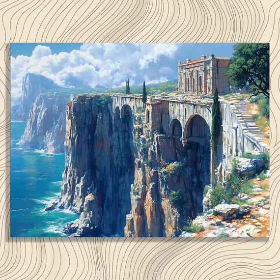 Aegean Cliff Temple Canvas Wall Art Mediterranean Coastal Cliffs Seascape With Stone Bridge Ruins And Turquoise Sea Landscape Print
