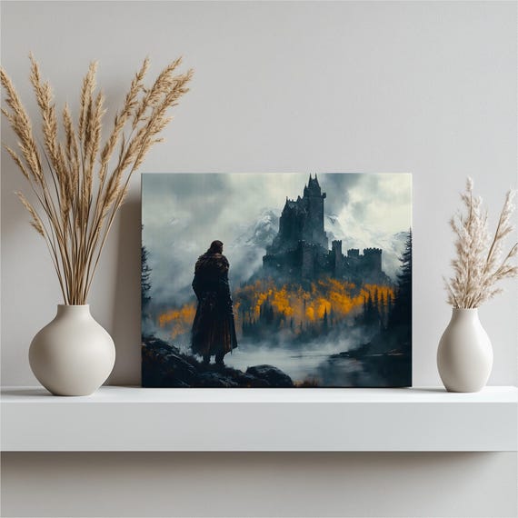 Highland Castle Hero Canvas Wall Art Misty Mountain Landscape With Warrior