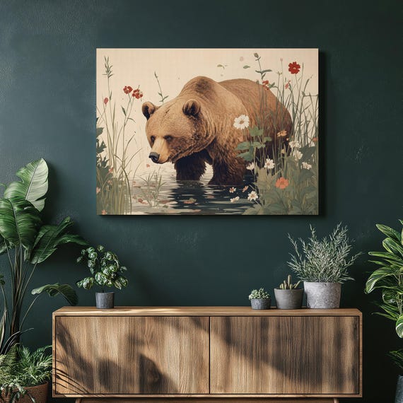 Brown Bear River Canvas Wall Art Grizzly Wildlife Print With Wildflowers And Reeds Rustic Cabin Decor Nature Illustration In Beige