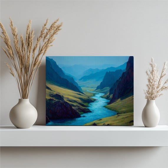 Mountain River Valley Canvas Wall Art Traditional Landscape Painting Scenic Nature Print Rustic Decor Blue Green Mountains Gift