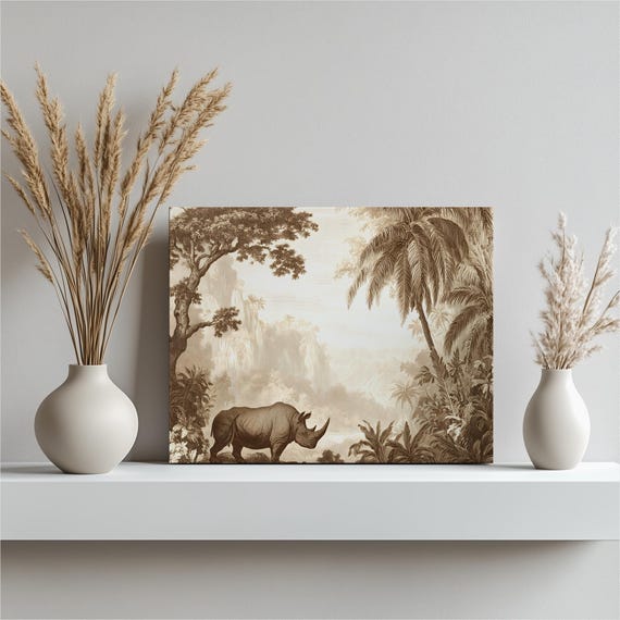 Rhinoceros Jungle Canvas Wall Art Antique Engraving Safari Print Nature Decor Tropical Foliage Botanical Landscape
