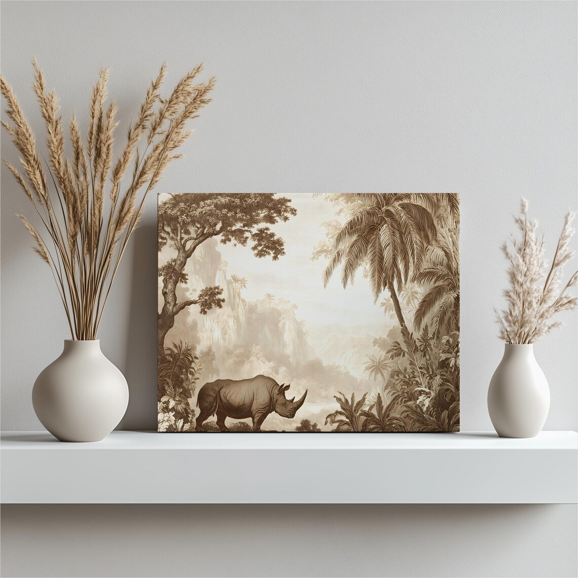 Vintage Rhinoceros Sepia Engraving Tropical Safari Landscape Poster