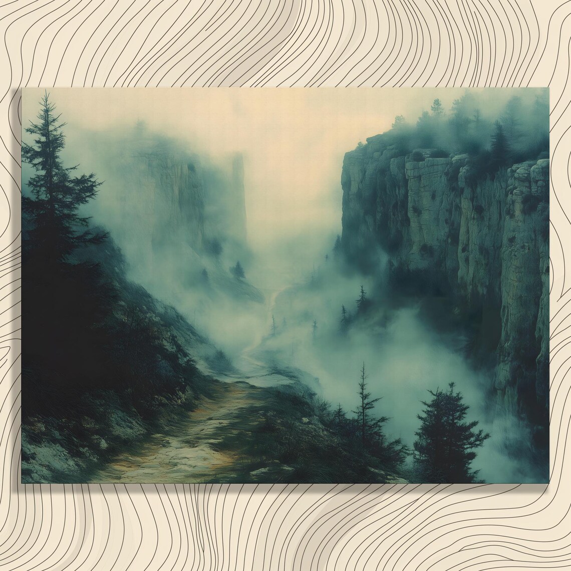 Misty Dark Cliffside Foggy Forest Moody Teal Landscape Wall Art