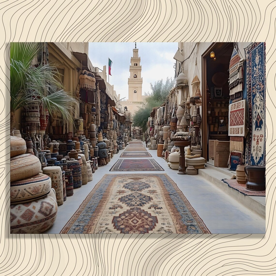 Vibrant Middle Eastern Bazaar Street Market Rugs Pottery Minaret Wall Art