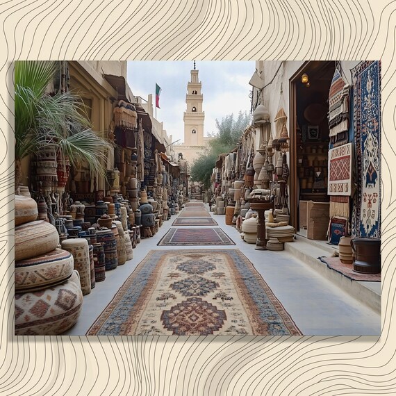 Vibrant Middle Eastern Bazaar Street Market Rugs Pottery Minaret Wall Art