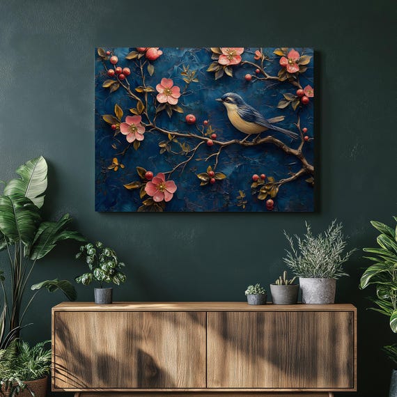 Bluebird Blossoms Canvas Wall Art Textured Floral Bird Painting On Branch Spring Nature Decor Botanical Garden Scene Blue Background
