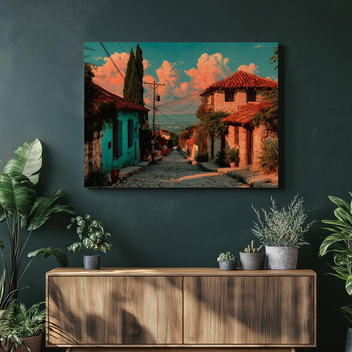 Colorful Cobblestone Colonial Village Street at Sunset Art Poster