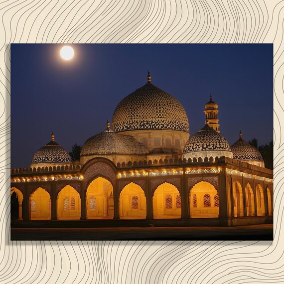 Mosque Glowing Domes Under Full Moon Night Architecture Photo Poster