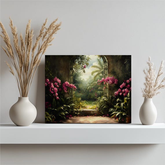 Victorian Greenhouse Orchids Canvas Wall Art Sunlit Botanical Garden Scene Decor