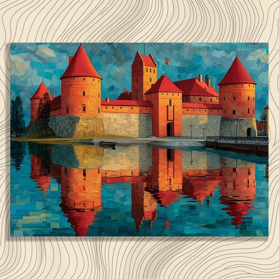 Castle Reflection Canvas Wall Art Modern Decor Print Serene Water Landscape Painting Red Roof Fortress View Gift For Enthusiasts