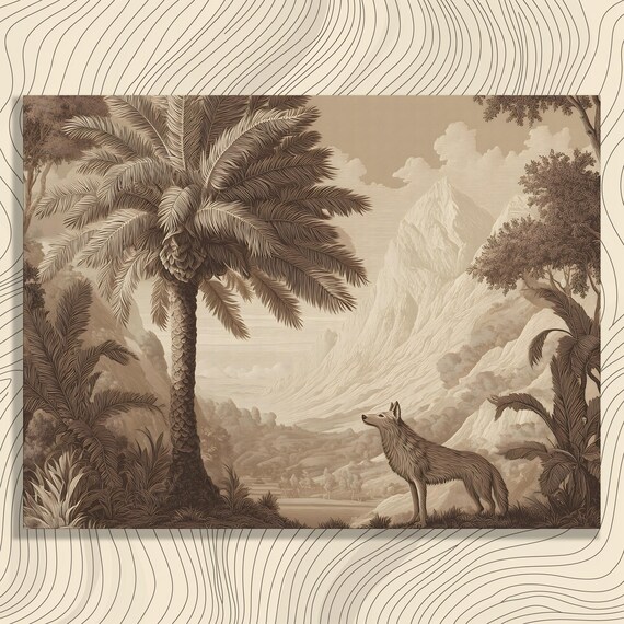 Vintage Wolf Tropical Canvas Wall Art Sepia Engraving Palm Tree And Mountain Scene Wildlife Decor Nature Inspired Landscape Print