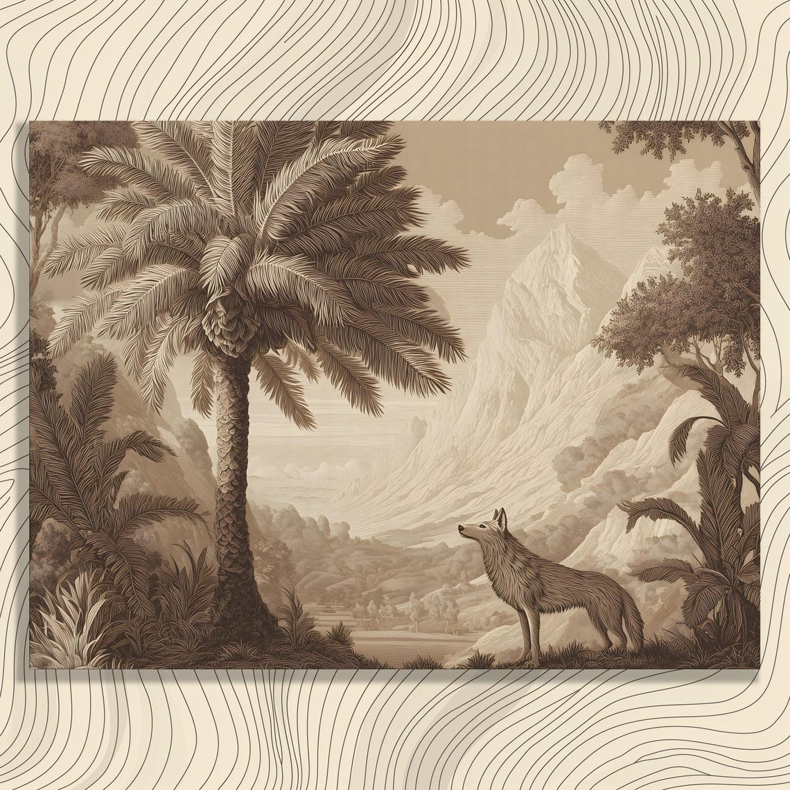 Gray Wolf Among Tropical Palms Sepia Engraving Wildlife Wall Art