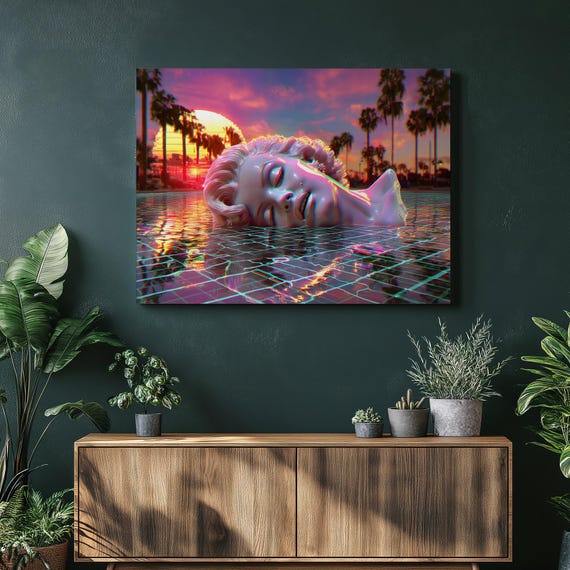 Vaporwave Retro Sunset Canvas Wall Art Neon Palm Trees Classical Statue Grid Pool Reflection Colorful 80s Synthwave Print