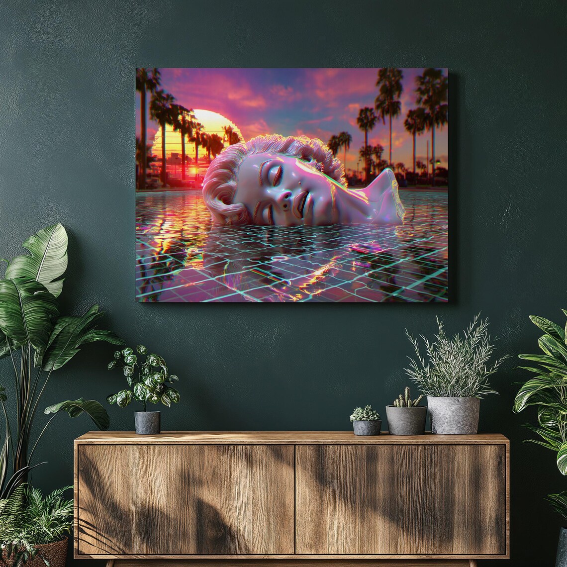 Vaporwave Sunset Poster Neon Palm Trees Marble Statue Retro Glow