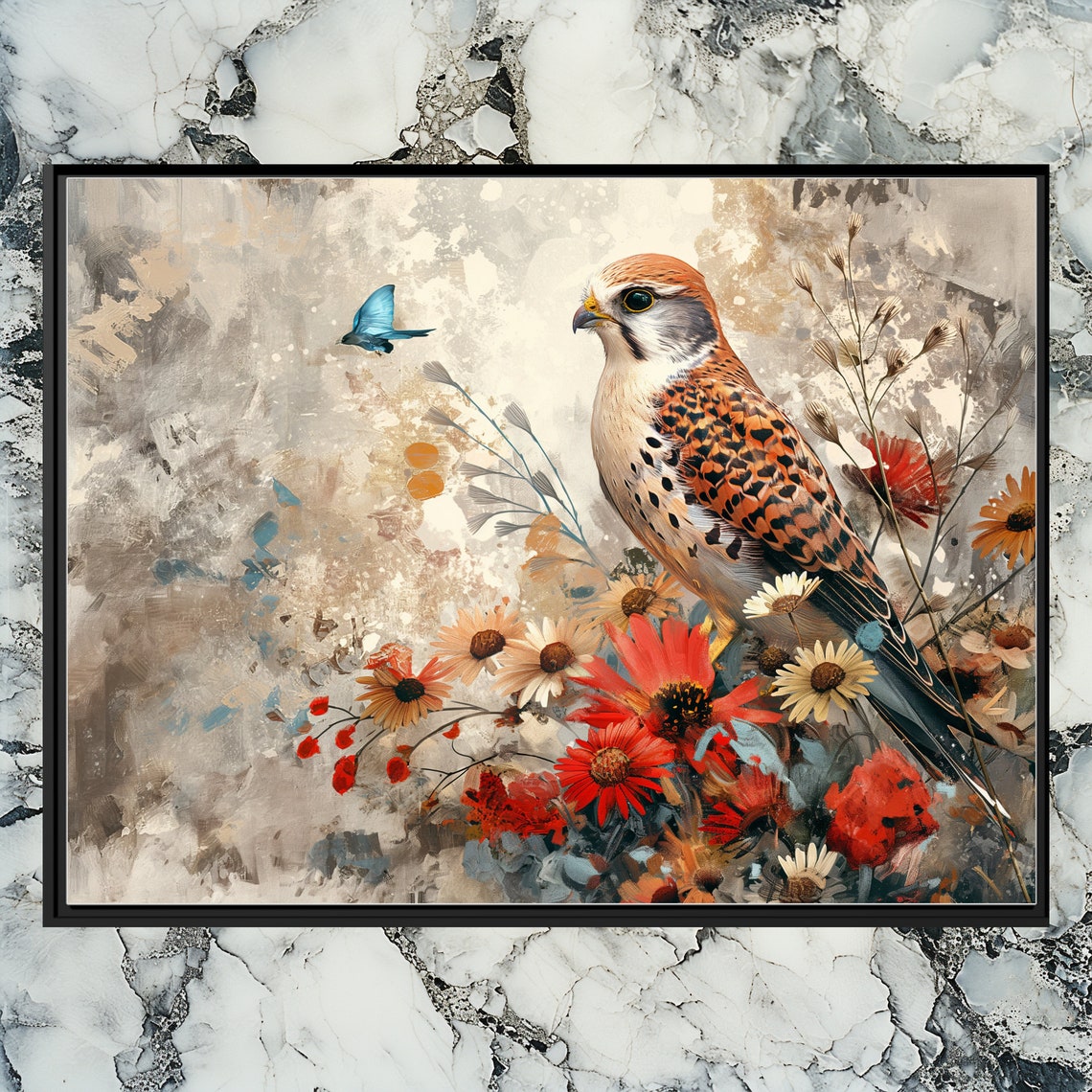 Kestrel Falcon among Red and White Wildflowers Textured Poster