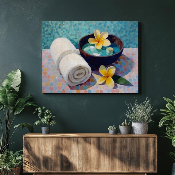 Tropical Spa Bath Towel Plumeria Flower Bowl Relaxing Wall Art