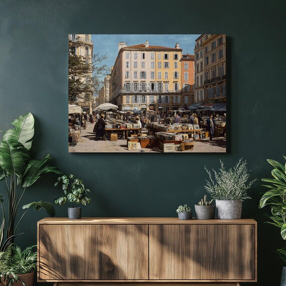 Urban Book Market Canvas Wall Art European Street Vendors In A Sunlit Plaza With Shoppers Window Shutters Impressionist Cityscape Print