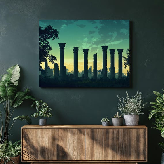 Ancient Corinthian Ruins Canvas Wall Art Sunset Silhouette Landscape Of Classical Columns Teal Green Sky Architectural Print For Home Deco