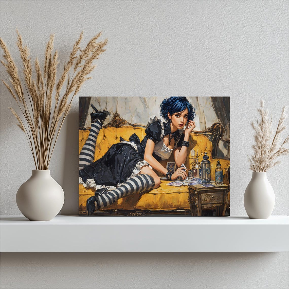 Blue Haired Victorian Maid on Yellow Couch Pop Surrealism Poster