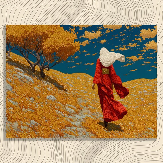 Woman Red Dress Golden Field Mosaic Art Nouveau Style Poster