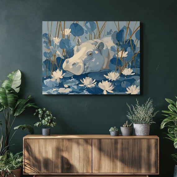 Majestic Hippo Canvas Wall Art Minimalist Illustration Water Lily Pond Print Botanical Animal Decor Modern Nature Gift Wildlife Floral