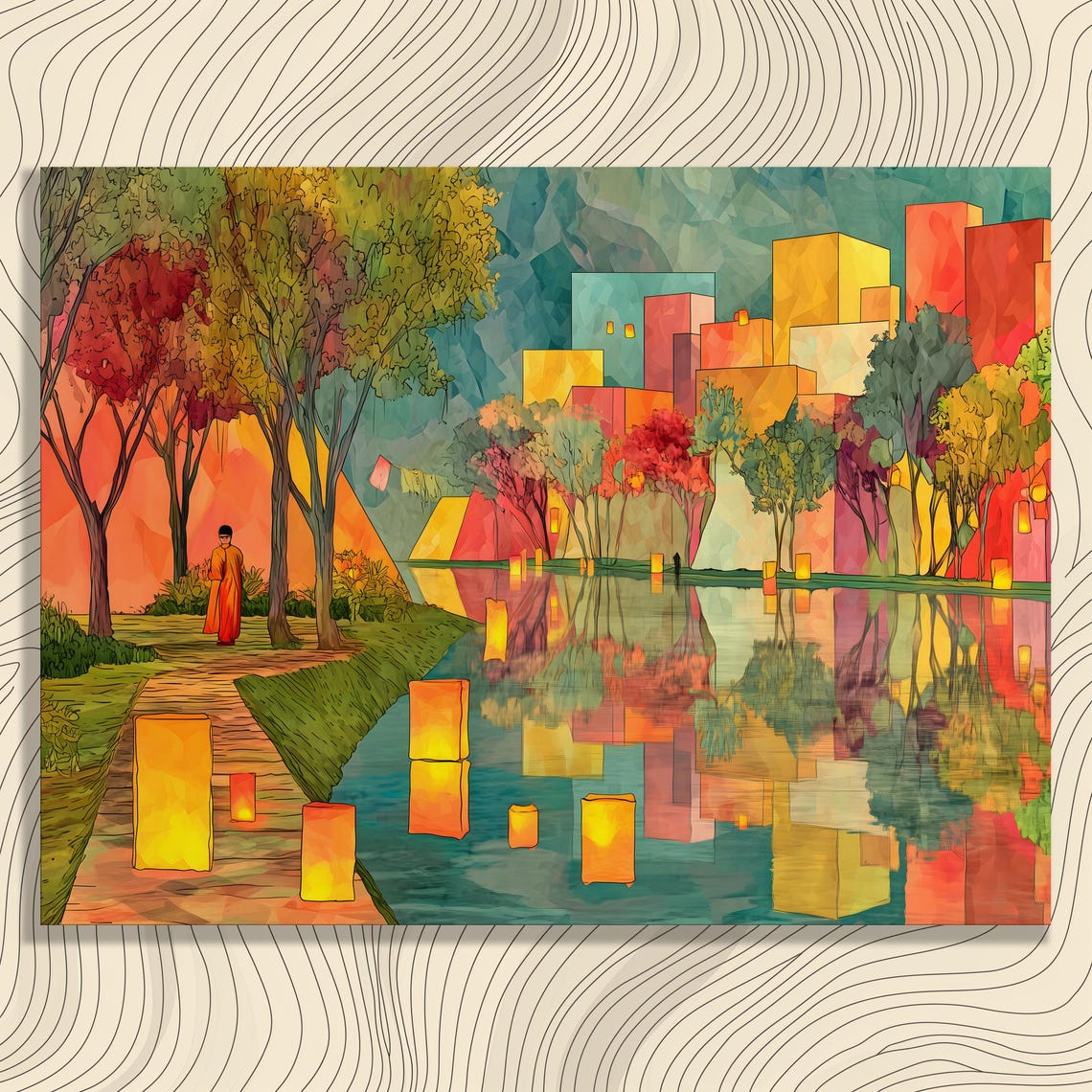 Floating Lanterns Lake Reflection Autumn City Park Art Poster
