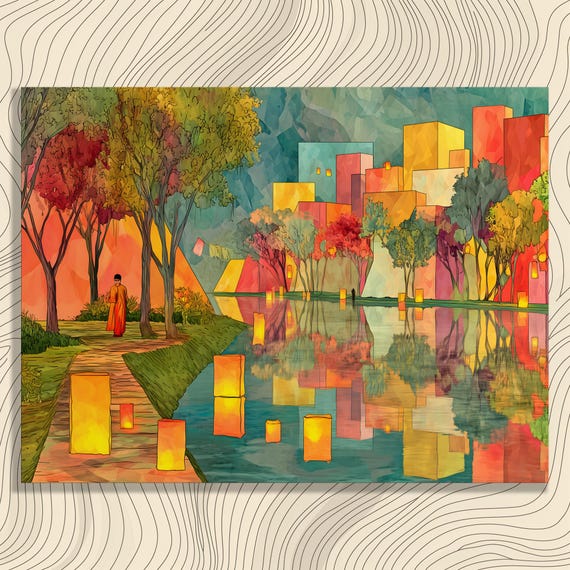 Serene Lakeside Path Canvas Wall Art Watercolor Landscape Painting With Willow Trees And Paper Lantern For Nature Artwork Reflection
