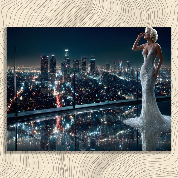 Urban City Skyline Canvas Wall Art Glamorous Night Lights Print Modern Fashion Decor Reflective Balcony Painting Luxury Gift