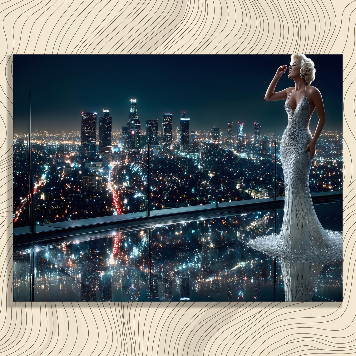 Marilyn Monroe City Night Skyline Glamorous Gown Balcony View Poster