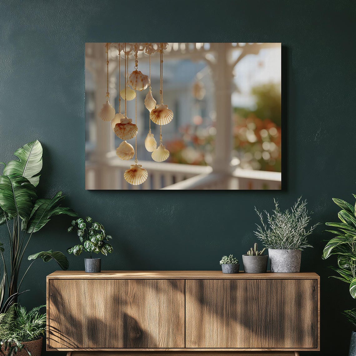 Seashell Wind Chime Sunlit Porch Coastal Dreamy Photography Wall Art