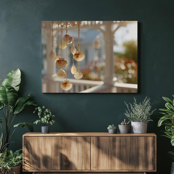 Seashell Wind Chime Sunlit Porch Coastal Dreamy Photography Wall Art