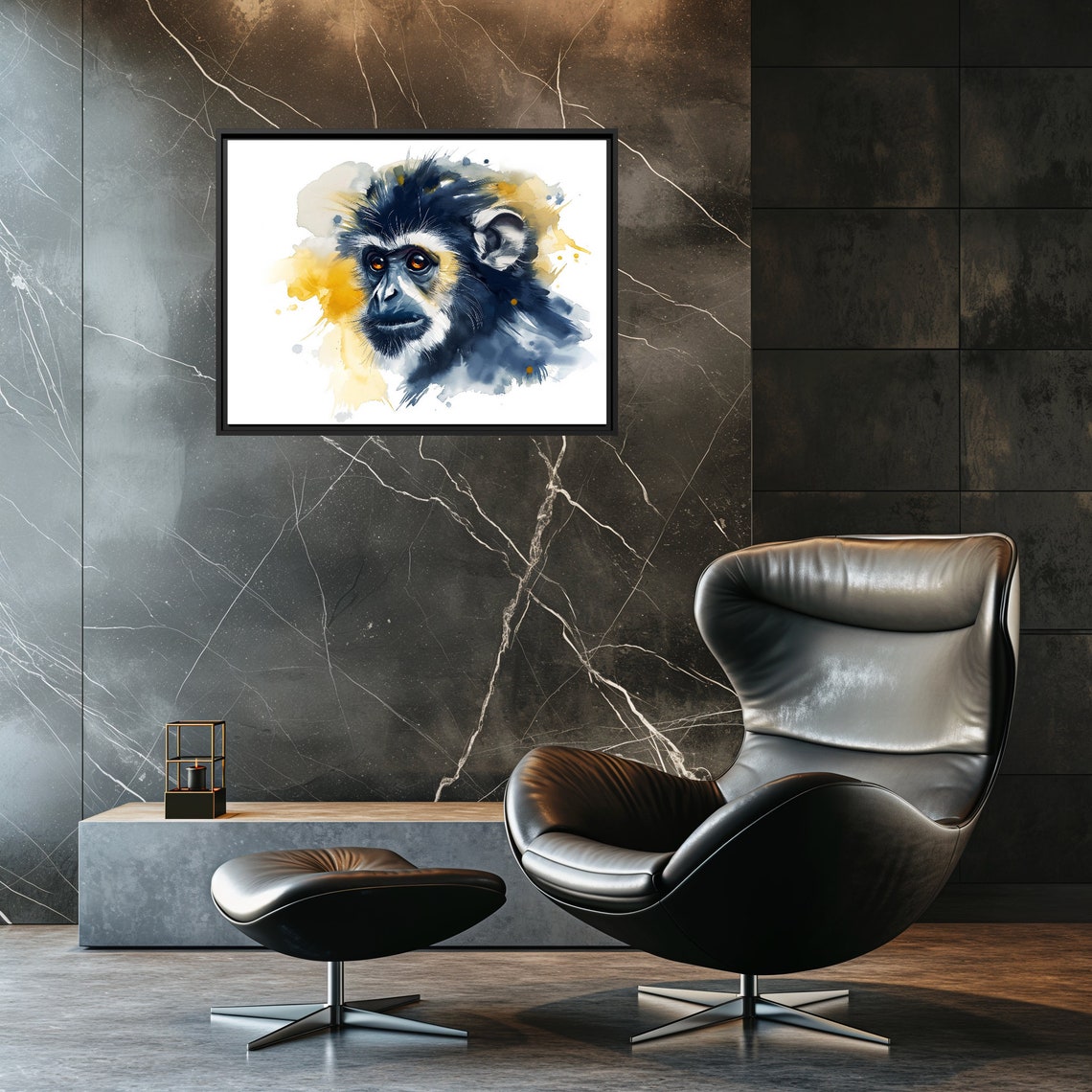 Curious Monkey Face Portrait Blue and Gold Watercolor Art Poster