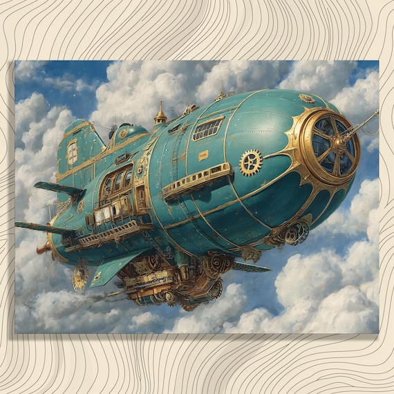 Steampunk Airship Vintage Mechanical Fantasy Travel Poster