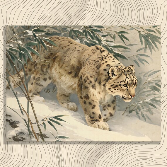 Snow Leopard Bamboo Forest Watercolor Big Cat Wildlife Art Poster