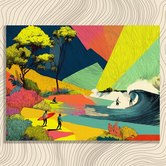 Colorful Retro Surf Illustration With Tropical Beach Waves Poster
