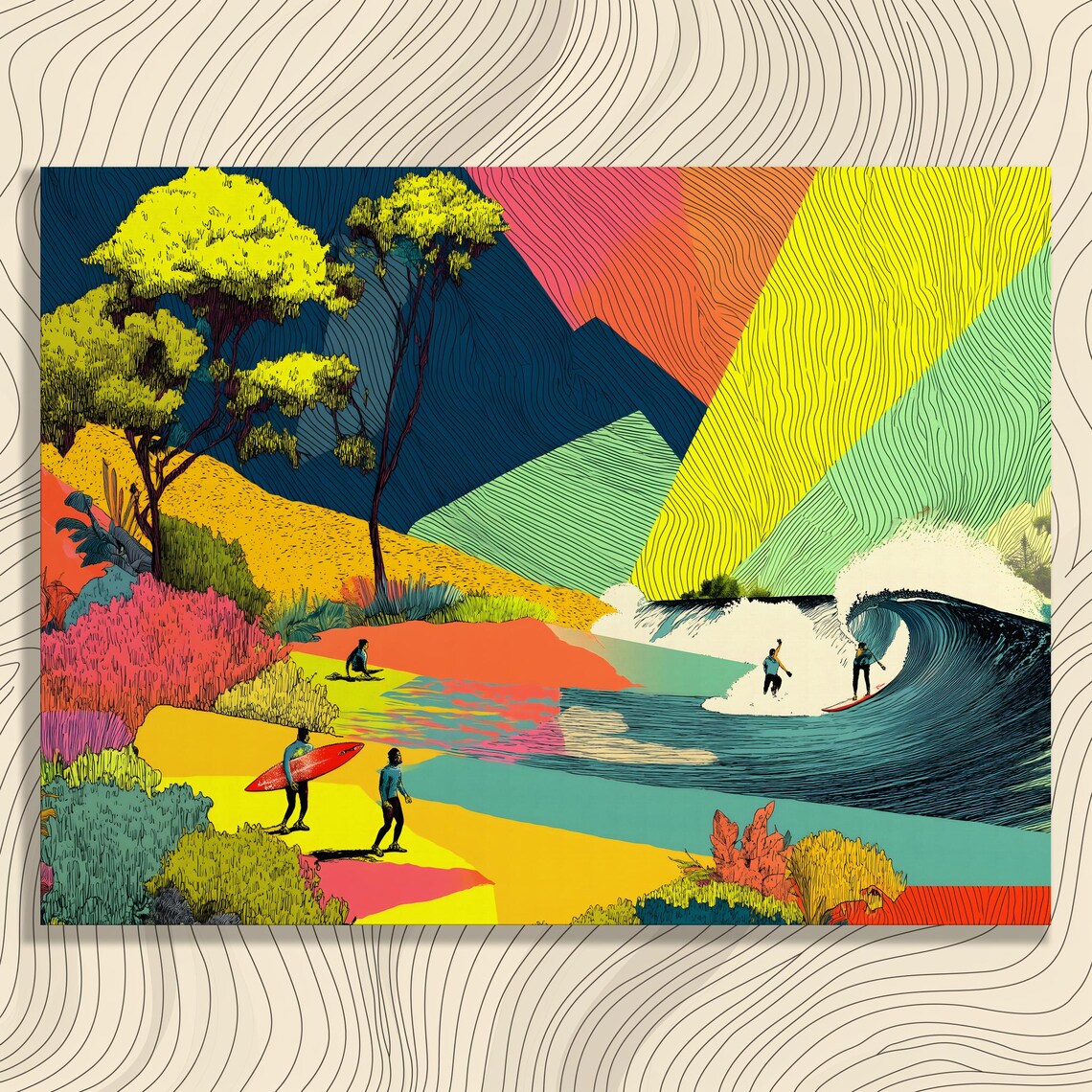 Colorful Retro Surf Illustration With Tropical Beach Waves Poster