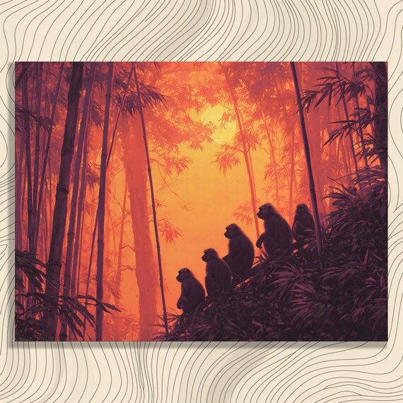 Monkey Sunset Silhouette Canvas Wall Art Bamboo Forest Jungle Scene Colorful Orange Primate Tropical Print