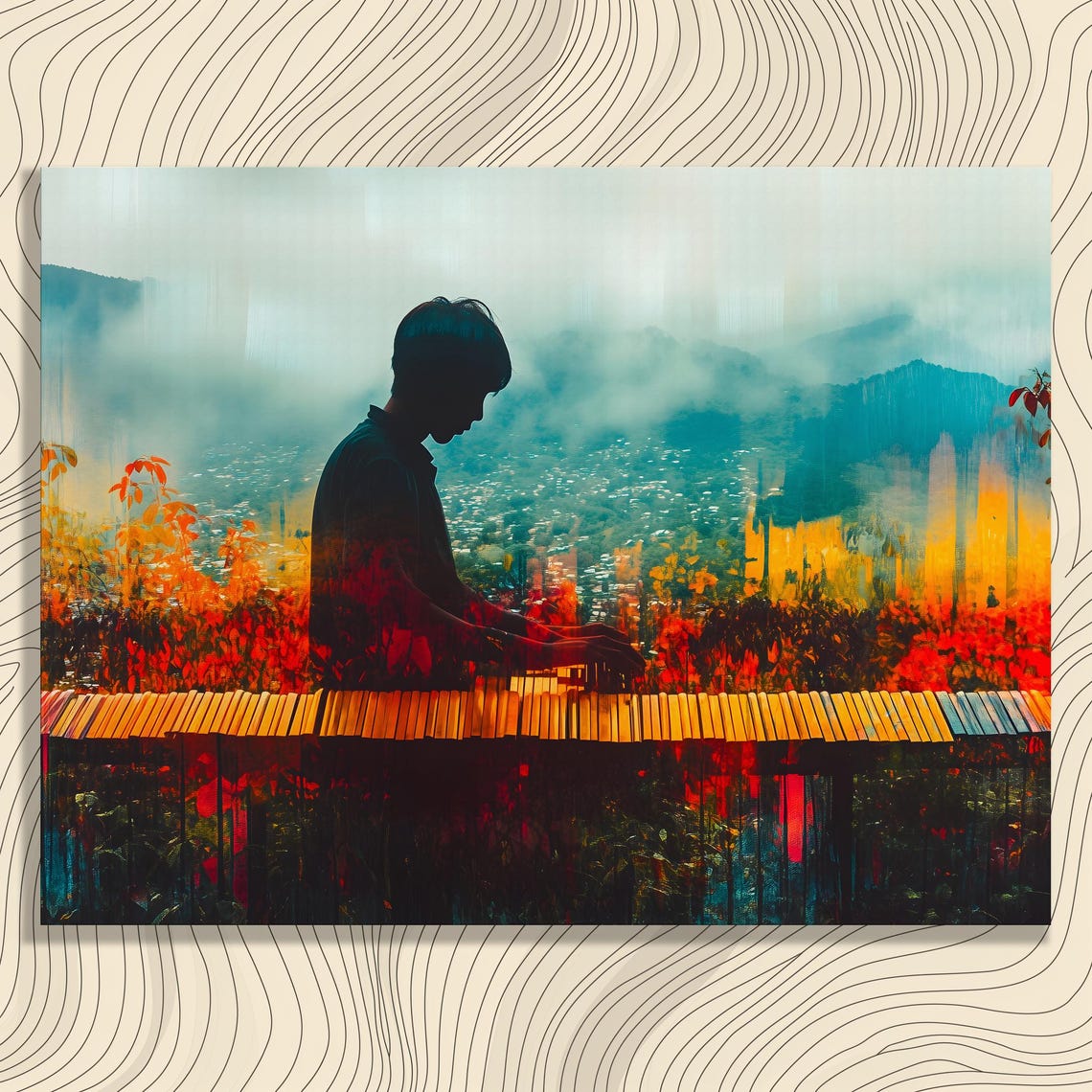 Marimba Player Double Exposure Musician Silhouette Canvas Wall Art