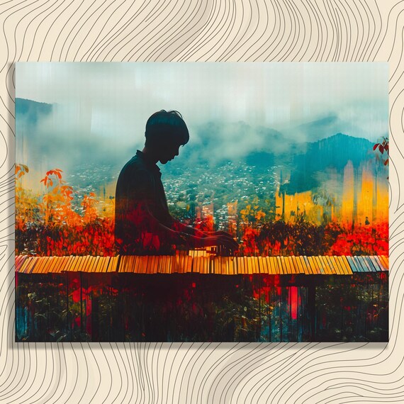 Marimba Player Double Exposure Musician Silhouette Canvas Wall Art
