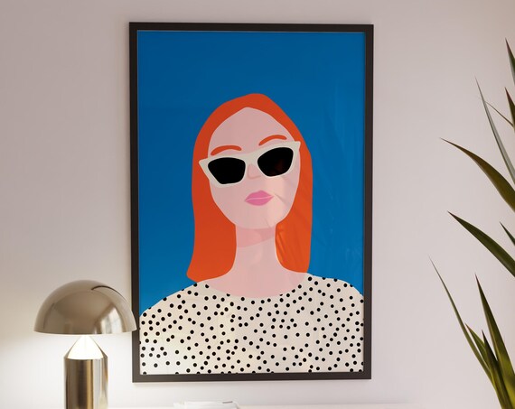 Red Hair Woman Sunglasses Polka Dot Top Retro Pop Art Poster
