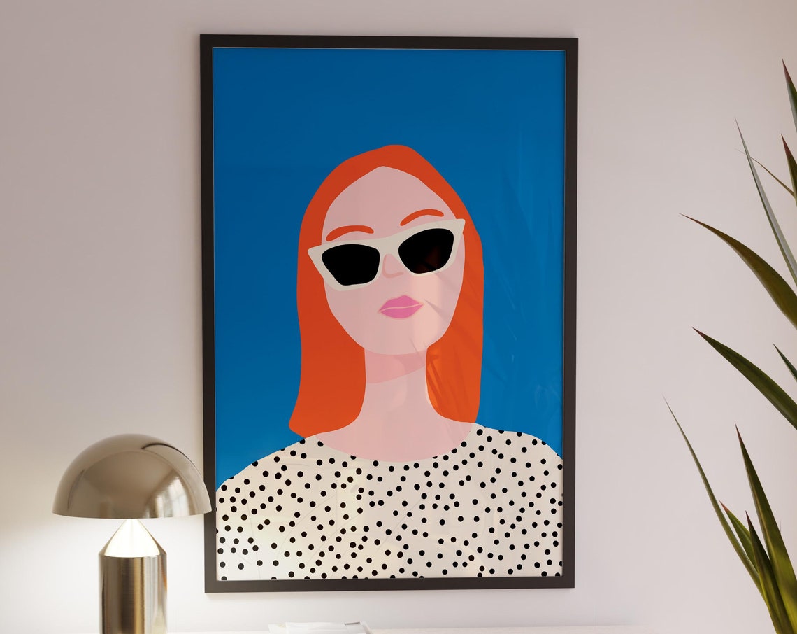 Red Hair Woman Sunglasses Polka Dot Top Retro Pop Art Poster