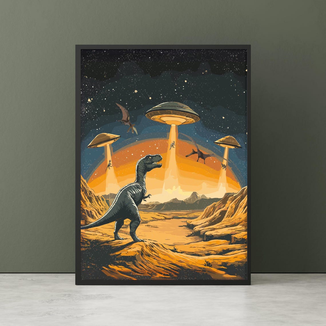 T-Rex UFO Abduction Jurassic Desert Sci-Fi Retro Night Poster